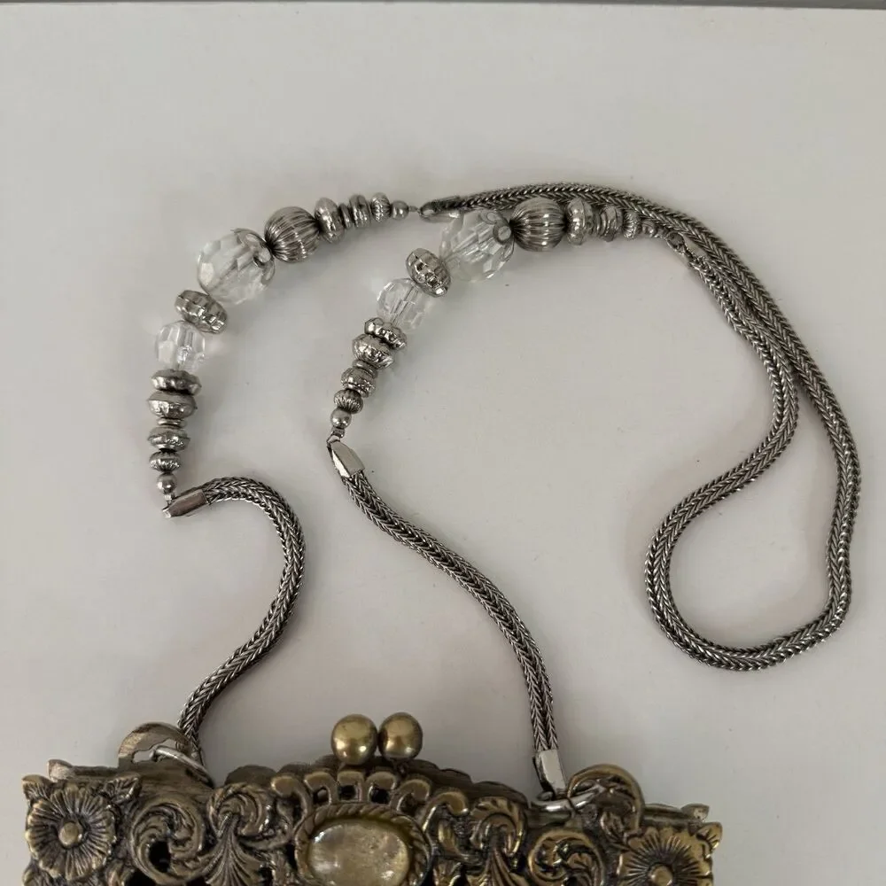 Vintage 1920's Art Deco Beaded Evening Bag Silver Gold Metal Ornate Frame Mirror